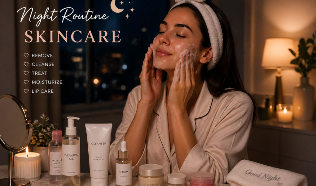 Woman applying skincare during a relaxing night routine with cleanser, serum, moisturizer, and candles on a vanity