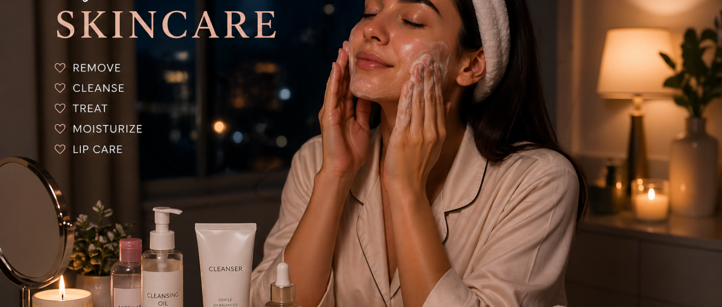 Woman applying skincare during a relaxing night routine with cleanser, serum, moisturizer, and candles on a vanity