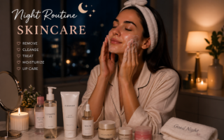 Woman applying skincare during a relaxing night routine with cleanser, serum, moisturizer, and candles on a vanity