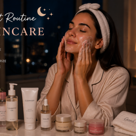 Woman applying skincare during a relaxing night routine with cleanser, serum, moisturizer, and candles on a vanity