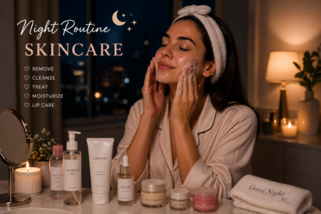 Woman applying skincare during a relaxing night routine with cleanser, serum, moisturizer, and candles on a vanity