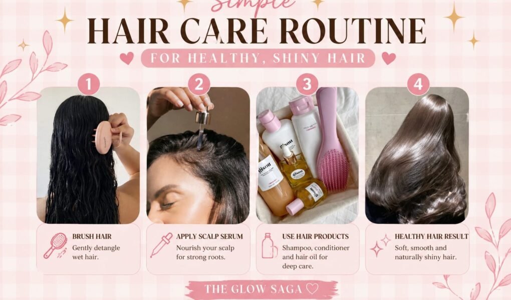 Hair care routine collage showing brushing wet hair, scalp serum application, hair products, and shiny hair result