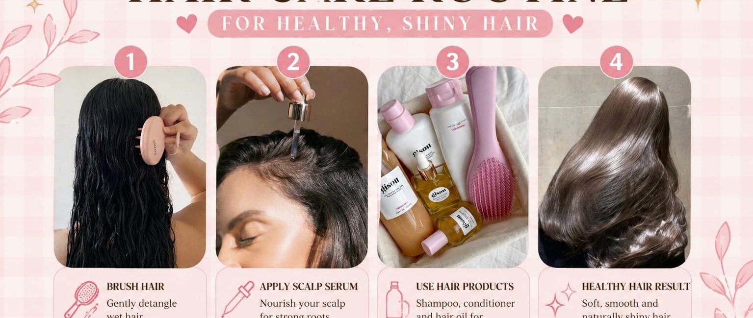 Hair care routine collage showing brushing wet hair, scalp serum application, hair products, and shiny hair result