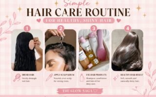 Hair care routine collage showing brushing wet hair, scalp serum application, hair products, and shiny hair result