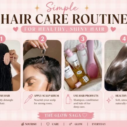 Hair care routine collage showing brushing wet hair, scalp serum application, hair products, and shiny hair result