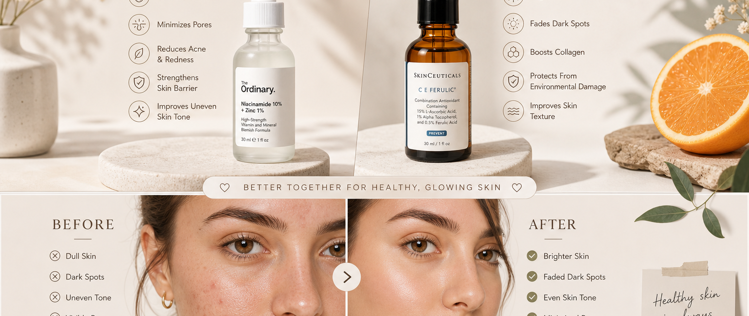 Niacinamide vs Vitamin C skincare comparison infographic showing serum bottles and before-and-after skin results with brighter, clearer complexion.
