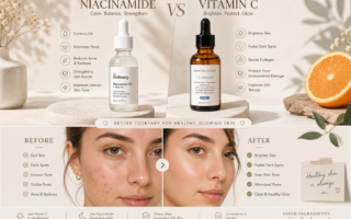 Niacinamide vs Vitamin C skincare comparison infographic showing serum bottles and before-and-after skin results with brighter, clearer complexion.