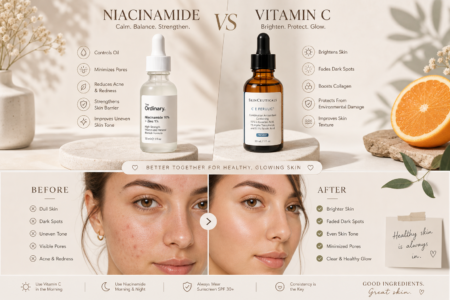 Niacinamide vs Vitamin C skincare comparison infographic showing serum bottles and before-and-after skin results with brighter, clearer complexion.