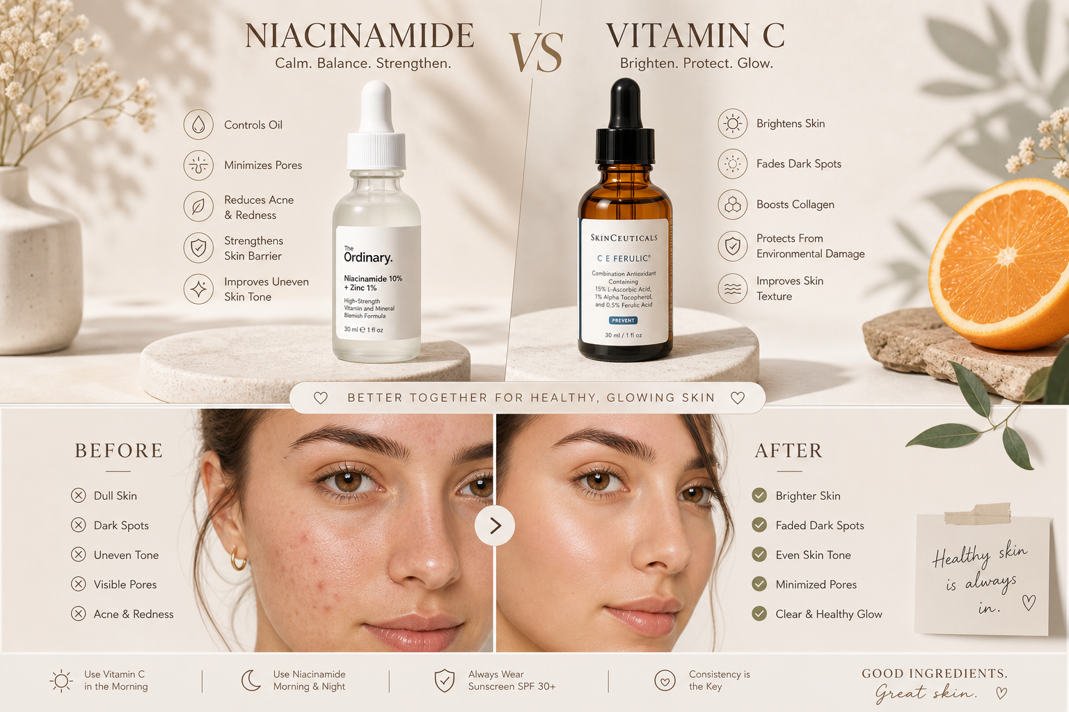 Niacinamide vs Vitamin C skincare comparison infographic showing serum bottles and before-and-after skin results with brighter, clearer complexion.