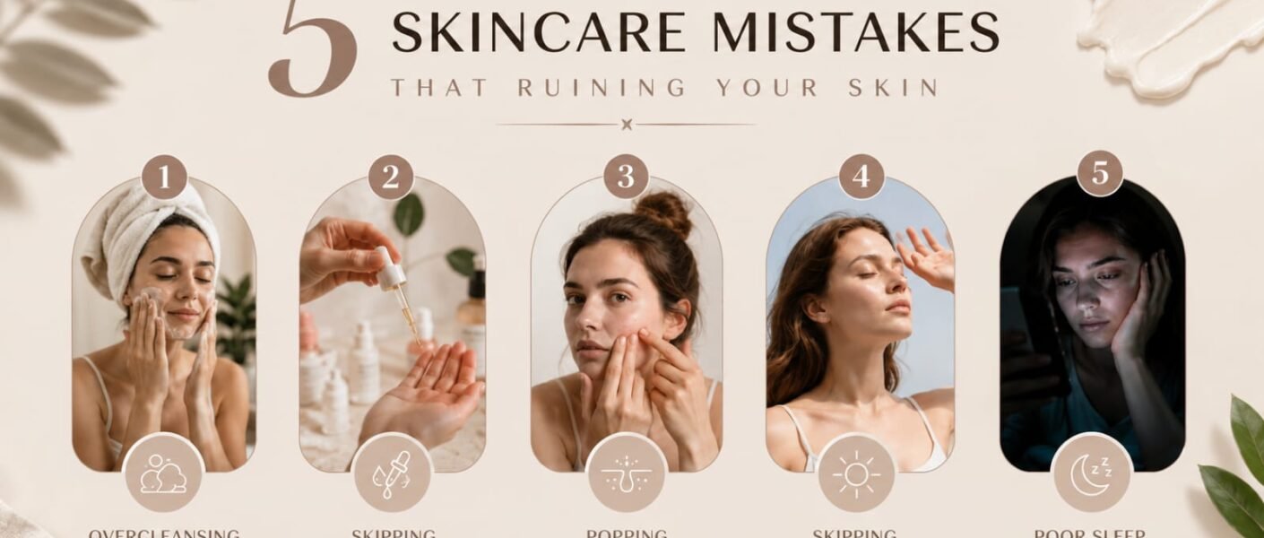Aesthetic infographic showing five skincare mistakes that ruin your skin: overcleansing, skipping moisturizer, popping pimples, skipping sunscreen, and poor sleep habits.