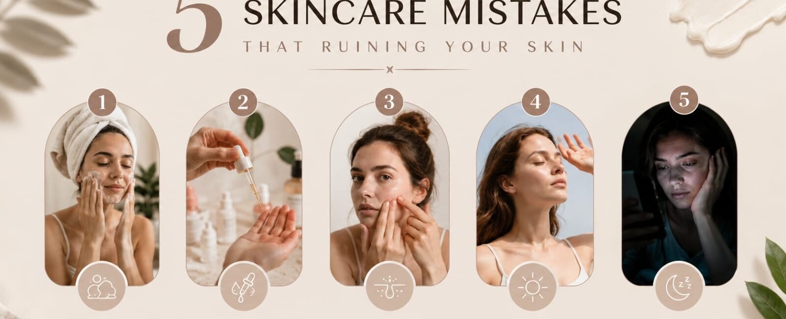 Aesthetic infographic showing five skincare mistakes that ruin your skin: overcleansing, skipping moisturizer, popping pimples, skipping sunscreen, and poor sleep habits.