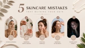 Aesthetic infographic showing five skincare mistakes that ruin your skin: overcleansing, skipping moisturizer, popping pimples, skipping sunscreen, and poor sleep habits.
