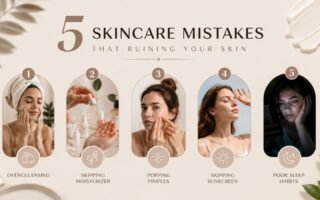 Aesthetic infographic showing five skincare mistakes that ruin your skin: overcleansing, skipping moisturizer, popping pimples, skipping sunscreen, and poor sleep habits.