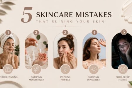 Aesthetic infographic showing five skincare mistakes that ruin your skin: overcleansing, skipping moisturizer, popping pimples, skipping sunscreen, and poor sleep habits.