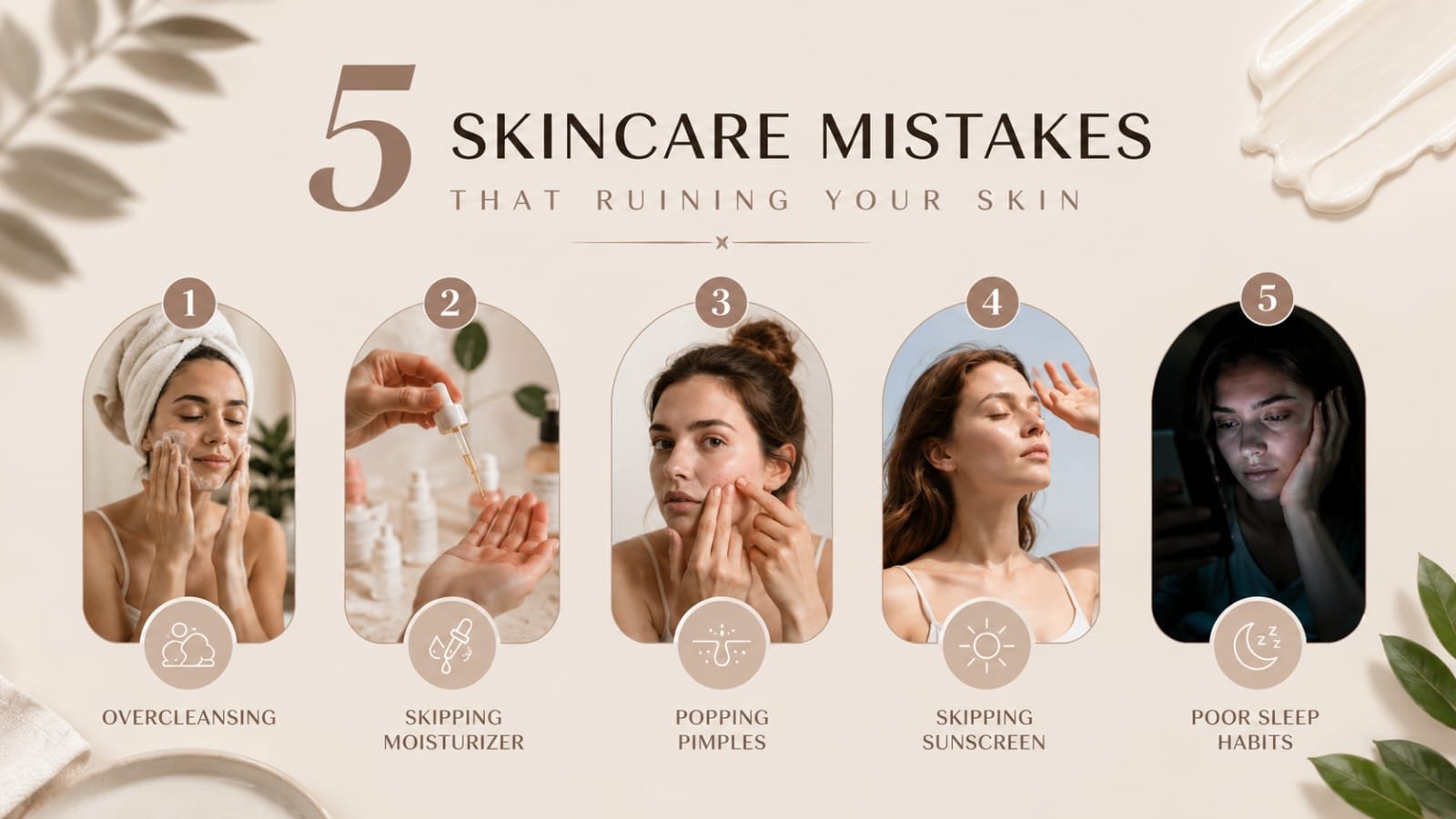 Aesthetic infographic showing five skincare mistakes that ruin your skin: overcleansing, skipping moisturizer, popping pimples, skipping sunscreen, and poor sleep habits.